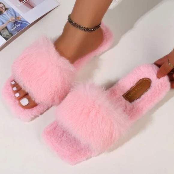 Pink Square Toe Fluffy Sandals- 9.5 - Picture 2 of 4